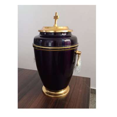 Iron Dark Blue Funeral Cremation Urn With Golden Cross