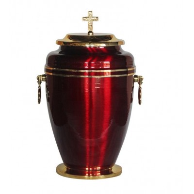 Iron Red Funeral Cremation Urn with Golden Strip and Cross