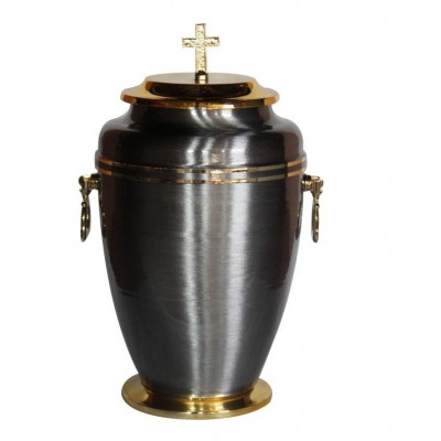 Iron Silver Finish Funeral Cremation Urn with Golden Strip and Cross