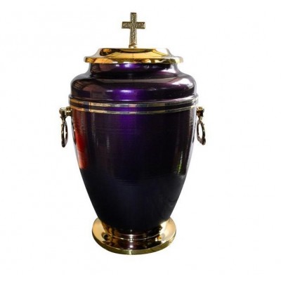 Iron Purple Funeral Cremation Urn With Golden Strip and Cross