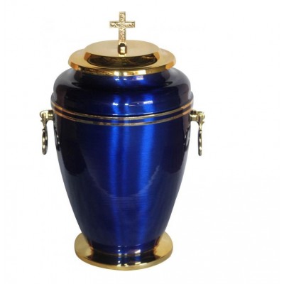 Iron Blue Funeral Cremation Urn With Golden Cross