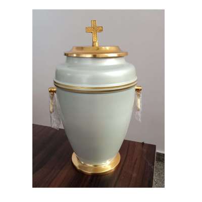 Iron White Funeral Cremation Urn With Golden Cross